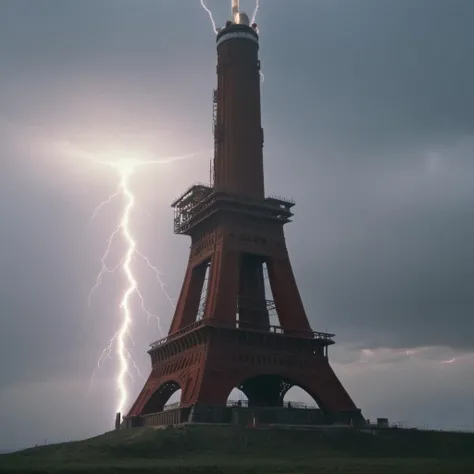 cinematic film still of <lora:Command and Conquer style v2:1>
Tesla tower,Union of Soviet Socialist Republics,Soviet,a red and white tower with a lightning bolt Soviet Forces,Soviet Army,Soviet Troops,Soviet Military,no humans,science fiction,electricity , Command & Conquer, Red Alert style, Command and Conquer style, cold war, shallow depth of field, vignette, highly detailed, high budget, bokeh, cinemascope, moody, epic, gorgeous, film grain, grainy