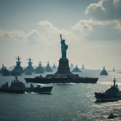 cinematic film still of <lora:Command and Conquer style:1>
statue of liberty surrounded by a fleet of ships,sky,day,cloud,military,no humans,ocean,aircraft,military vehicle,airplane,watercraft,vehicle focus,ship,spacecraft,warship,battleship Allied, American, US, Command & Conquer, Red Alert style, Command and Conquer style, shallow depth of field, vignette, highly detailed, high budget, bokeh, cinemascope, moody, epic, gorgeous, film grain, grainy