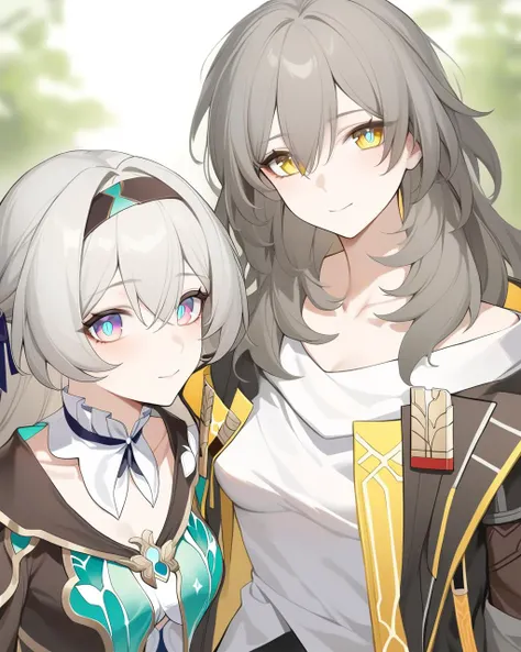 masterpiece,best quality,<lora:ireflyv1:1>,2girls,absurdres,black coat,black gloves,black hairband,blurry background,blush,chinese commentary,closed mouth,collarbone,commentary request,eamut1,firefly \(honkai: star rail\),green nails,grey hair,highres,honkai: star rail,honkai \(series\),long hair,long sleeves,looking at viewer,medium breasts,medium hair,multicolored dress,multicolored eyes,stelle \(honkai: star rail\),trailblazer \(honkai: star rail\),upper body,white shirt,yellow eyes,