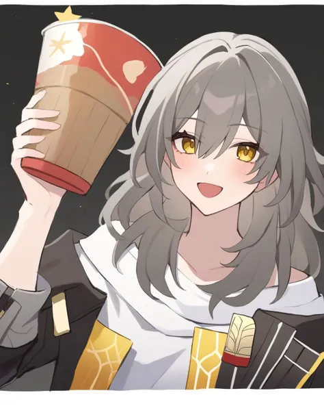 masterpiece,best quality,<lora:ireflyv1:1>,1girl, anaketsu, black_jacket, cropped_torso, cup_on_head, food, grey_hair, head_tilt, honkai:_star_rail, honkai_\(series\), jacket, kamaboko, looking_at_viewer, narutomaki, nissin_cup_noodle, noodles, open_mouth, shirt, simple_background, solo, star_\(symbol\), stelle_\(honkai:_star_rail\), trailblazer_\(honkai:_star_rail\), upper_body, white_background, white_shirt, yellow_ey