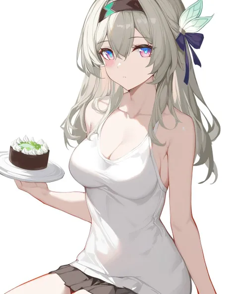 masterpiece,best quality,<lora:ireflyv1:1>,1girl,absurdres,alternate costume,ban tang,blush,cake,collarbone,commentary request,firefly \(honkai: star rail\),grey hair,hair between eyes,hair ornament,headband,highres,honkai: star rail,honkai \(series\),jacket,looking at viewer,medium breasts,plant,purple eyes,simple background,sleeveless,solo,white background,