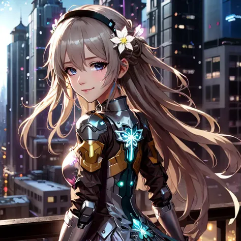 2d.  in 2099 city, snow flake, frozen buildings, cyberpunk style, , beatuiful eyes, best quality, 8k  ,((<lora:firefly_pony:1>,firefly \(honkai: star rail\))), ((sexy Anime girl with long hair)), 1girl, solo, girl dressed in cyber armor, part of a robot, smile, hairband, hair_ornament,  blush, jacket, long_sleeves, bangs, dress, hair_flower, facing_viewer,,  <lora:WildcardX-XL-Detail-Enhancer:0.7>