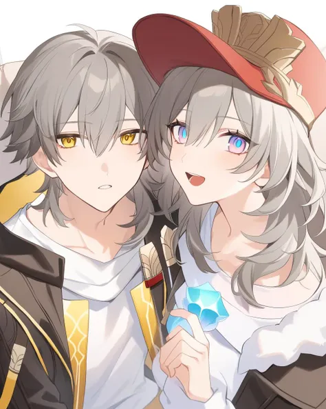 masterpiece,best quality,<lora:ireflyv1:1>,1boy,1girl,1other,hand up,sitting,teeth,grey hair,long hair,short hair,collarbone,coat,hat,jacket,shirt,t-shirt,hood,animal ears,black jacket,blue eyes,blue gemstone,blush stickers,caelus \(honkai: star rail\),couch,fence,fur trim,gem,hair between eyes,highres,honkai: star rail,honkai \(series\),hooded coat,hooded jacket,leaf,long sleeves,looking at viewer,looking to the side,looking up,on couch,open clothes,open jacket,open mouth,pom-pom \(honkai: star rail\),rabbit,rabbit ears,red headwear,stelle \(honkai: star rail\),tokita mago,trailblazer \(honkai: star rail\),white shirt,yellow eyes,