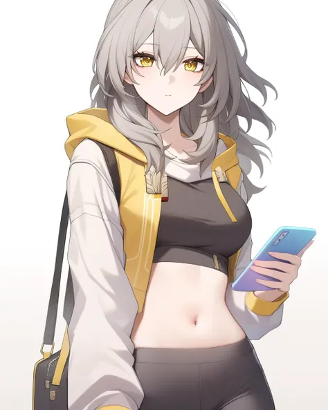 masterpiece,best quality,<lora:ireflyv1:1>,1girl, absurdres, bag, black_pants, black_shirt, blue_bag, breasts, cowboy_shot, crop_top, crop_top_overhang, english_commentary, grey_hair, highres, holding, holding_phone, honkai:_star_rail, honkai_\(series\), hood, hood_down, hoodie, long_hair, long_sleeves, looking_at_viewer, medium_breasts, midriff, muu_maa_muu, navel, pants, phone, puffy_long_sleeves, puffy_sleeves, shirt, shoulder_bag, simple_background, solo, stelle_\(honkai:_star_rail\), stomach, trailblazer_\(honkai:_star_rail\), upper_body, white_background, yellow_eyes, yellow_hoodie, yoga_pants