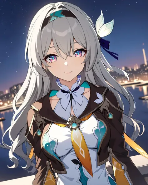 best quality, masterpiece, <lora:firefly:0.85>,firefly \(honkai: star rail\), 1girl, solo, outdoor, beautiful city, looking at viewer, smile, closed mouth, high quality jacket,  high quality white dress, long sleeves, beautiful night sky, medium breasts, headband