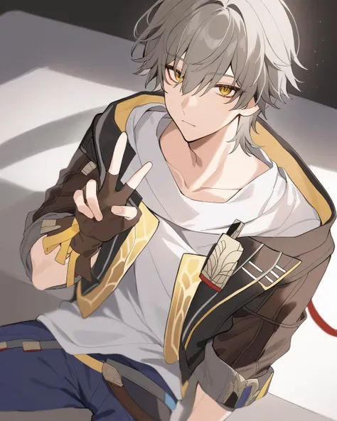 masterpiece,best quality,<lora:ireflyv1:1>,1boy, solo, sitting, expressionless, grey hair, gloves, jacket, pants, shirt, v, fingernails, absurdres, blue pants, brown gloves, brown jacket, caelus \(honkai: star rail\), closed mouth, commentary request, feet out of frame, fingerless gloves, hair between eyes, highres, honkai: star rail, honkai \(series\), looking at viewer, male focus, ryousuke \(tukr5384\), simple background, sleeves past elbows, trailblazer \(honkai: star rail\), white shirt, yellow eyes