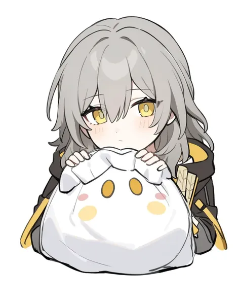 masterpiece,best quality,<lora:ireflyv1:1>,1boy, 1girl, upper body, grey hair, medium hair, short hair, jacket, black jacket, caelus \(honkai: star rail\), chibi, closed mouth, hair between eyes, honkai: star rail, honkai \(series\), light blush, long sleeves, looking at viewer, marimo jh, simple background, stelle \(honkai: star rail\), sticker, trailblazer \(honkai: star rail\), trash bag, trash can, white background, yellow eyes