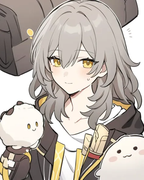 masterpiece,best quality,<lora:ireflyv1:1>,1boy, 1girl, upper body, grey hair, medium hair, short hair, jacket, black jacket, caelus \(honkai: star rail\), chibi, closed mouth, hair between eyes, honkai: star rail, honkai \(series\), light blush, long sleeves, looking at viewer, marimo jh, simple background, stelle \(honkai: star rail\), sticker, trailblazer \(honkai: star rail\), trash bag, trash can, white background, yellow eyes