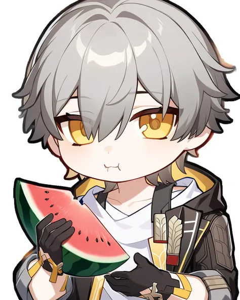 masterpiece,best quality,<lora:ireflyv1:1>,1boy, solo, eating, grey hair, short hair, gloves, jacket, shirt, black gloves, black jacket, caelus \(honkai: star rail\), chibi, closed mouth, commentary, english commentary, food, fruit, hair between eyes, honkai: star rail, honkai \(series\), looking at viewer, male focus, official art, trailblazer \(honkai: star rail\), transparent background, watermelon, white shirt, yellow eyes