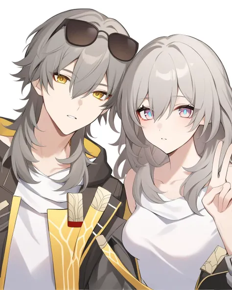 masterpiece,best quality,<lora:ireflyv1:1>,1boy,1girl,upper body,medium hair,short hair,x hair ornament,ahoge,hair ornament,medium breasts,breasts,collarbone,jacket,shirt,v,animal ears,bare shoulders,black jacket,caelus \(honkai: star rail\),caelus \(world tour 2023\) \(honkai: star rail\),cat ears,closed mouth,corrupted twitter file,eyewear on head,hair between eyes,highres,honkai: star rail,honkai \(series\),looking at viewer,mulihaohao,open clothes,open jacket,parted lips,simple background,stelle \(honkai: star rail\),stelle \(world tour 2023\) \(honkai: star rail\),trailblazer \(honkai: star rail\),white background,white shirt,