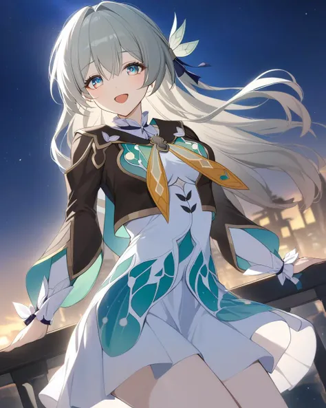 masterpiece,best quality,<lora:firefly_new:1>,firefly \(honkai: star rail\), 1girl, sky, star_\(sky\), solo, starry_sky, long_hair, open_mouth, night_sky, bangs, smile, night, long_sleeves, blue_eyes, dress, :d, jacket, outdoors, white_dress