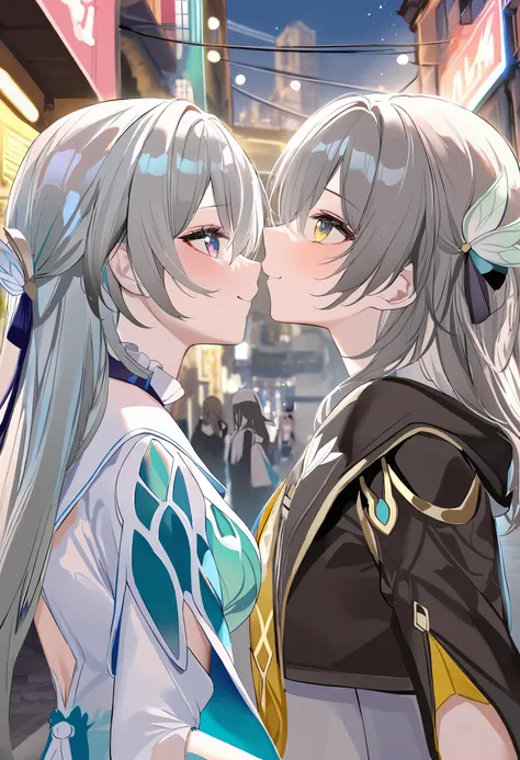 2girls,<lora:firefly_newæµè¤v2.0XL:1>,(firefly \(honkai: star rail\):1.1),[[[[headband]]]],grey hair,purple eyes,blue eyes,white flower,from behind,(stare down:1.1),touching the face,(looking at each other:1.2),honkai: star rail,trailblazer \(honkai: star rail\),(stelle \(honkai: star rail\):1.1),smile,bokeh,shiny skin,(Upper body lens:1.2),(neon lights:1.2),(street:1.2),masterpiece,best quality,amazing quality,very aesthetic,absurdres,wlop,ask (askzy),(artist:pottsness:0.75),[[chen bin]],[omone hokoma agm],torino aqua,blue theme