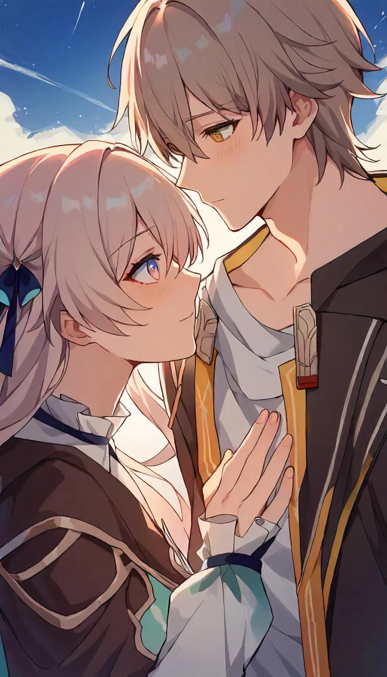 score_9, score_8_up, score_7_up, source_anime, firefly \(honkai: star rail\), 1girl, caelus \(honkai: star rail\), 1boy, looking at each other, romantic setting <lora:firefly_pony:1>