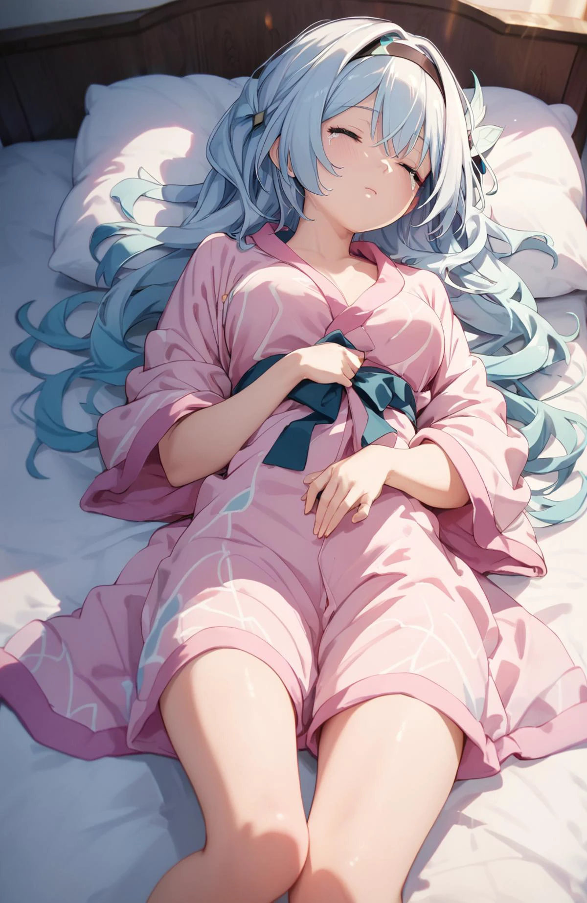 score_9, score_8_up, score_7_up, Expressiveh, ultra detailed, one cute girl, sleeping, lying, bed, tears,
<lora:firefly_pony_v2:0.8> firefly \(honkai: star rail\), bathrobe, hair ornament,black hairband, medium breasts
<lora:ClearHand-V2:2> nice hands, perfect hands,
