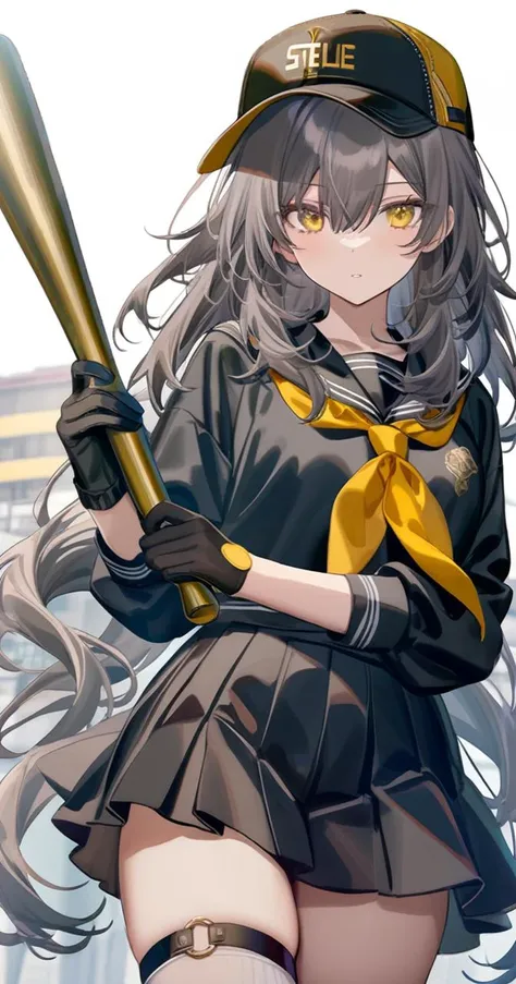 1girl,
stelle \(honkai: star rail\), honkai: star rail,
torino aqua, migolu, (jiu ye sang:1.1), (rumoon:0.9), (mizumi zumi:1.1),
solo, solo, simple background, white background, serafuku, white legwear, baseball bat, baseball cap, black skirt, alternate costume, shirt, very long hair, gloves, hat, cowboy shot, holding, school uniform, black gloves, looking at viewer, yellow eyes, parted lips, long hair, weapon, hair between eyes, black sailor collar, holding baseball bat, long sleeves, standing, baseball, black serafuku, miniskirt, white hat, black shirt, grey hair, sailor collar, thighs, holding weapon, thigh strap, skirt, pleated skirt,
masterpiece, newest, very aesthetic, absurdres, sensitive