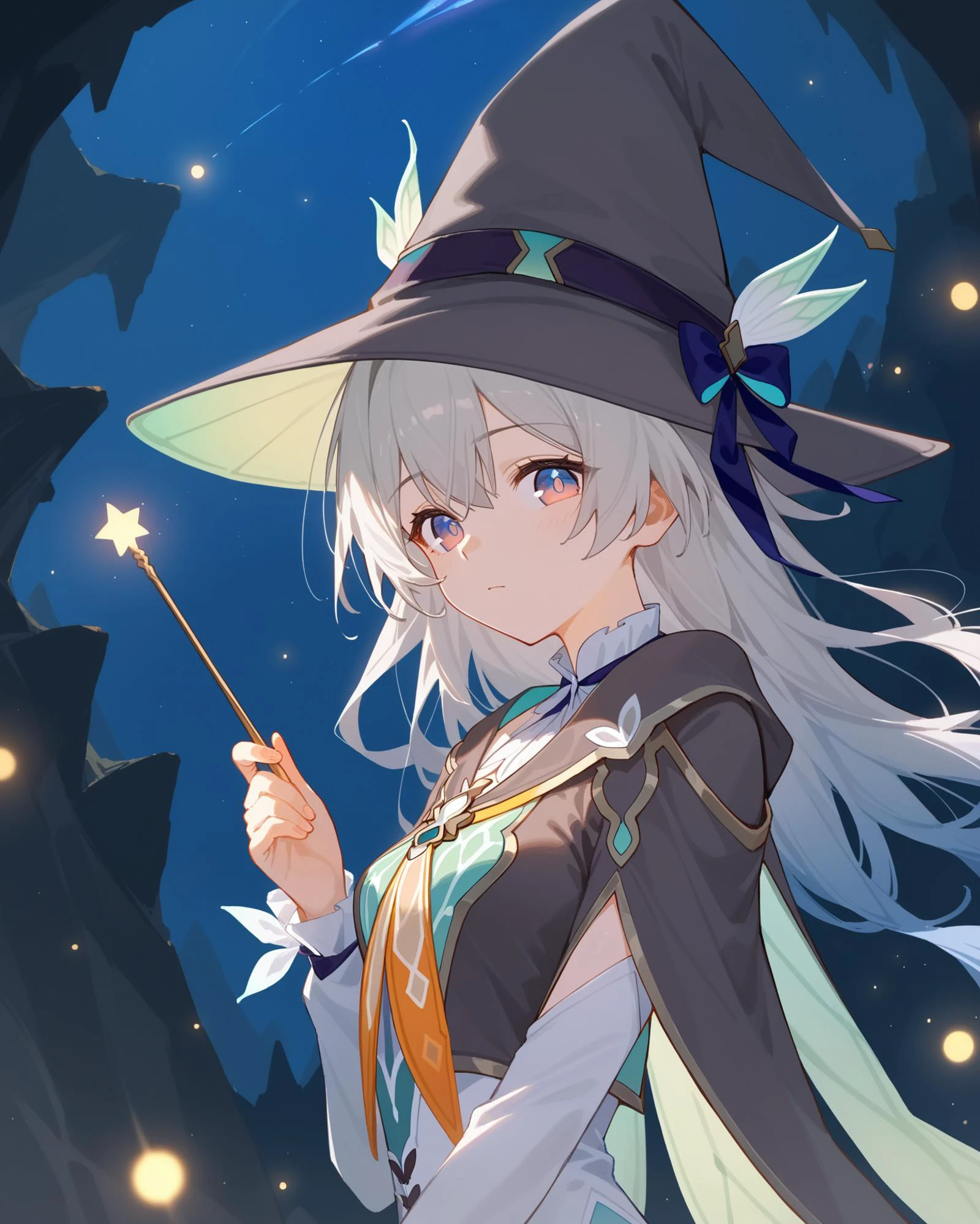 score_9,score_8_up,score_7_up,score_6_up, source_anime, 1girl,solo,looking at viewer, medium breasts, <lora:firefly_pony:1> firefly \(honkai: star rail\), wizard hat, wizard, holding wand, long gray cloak, cave, dynamic_lighting,