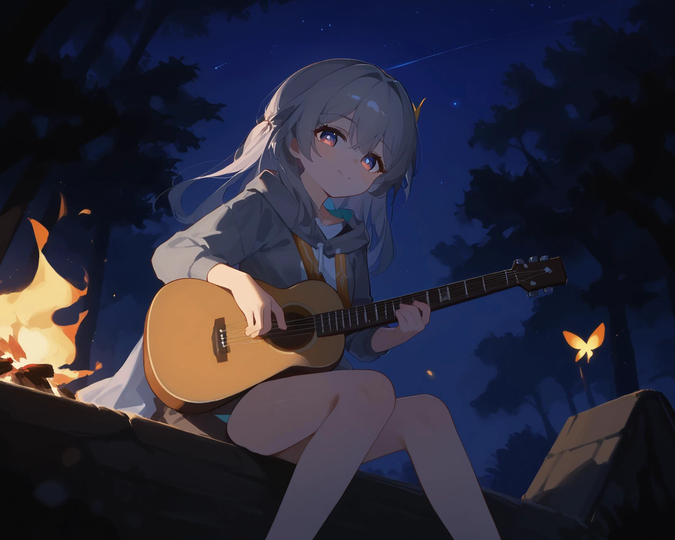 score_9,score_8_up,score_7_up,score_6_up, source_anime, 1girl,solo,looking at viewer, medium breasts, <lora:firefly_pony:1> firefly \(honkai: star rail\), grey hair, night, dark background, <lora:lowlight:1>, outdoors, starry sky, campfire, fire, forest, dynamic_lighting, sitting, grey hoodie, playing_guitar, acoustic guitar, <lora:Acoustic_guitars_for_pony_xl:0.6>