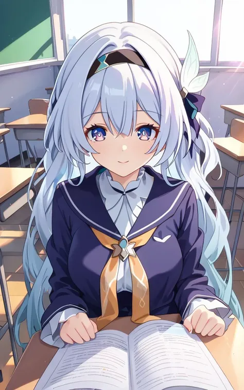 insanely detailed, absurdres, ultra-highres, ultra-detailed, best quality,
classroom, school uniform, 
 <lora:firefly_pony_v2:0.8> firefly \(honkai: star rail\), dress, long sleeves, hair ornament,,black hairband, medium breasts