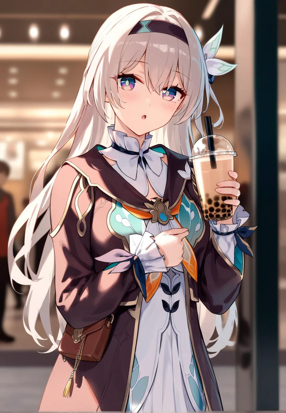 masterpiece, best quality, [nai3], weird atmosphere, high quality shadow, beautiful detailed, skin details, detailed eyes, depth of field, best quality, highres, best shadow, 
BREAK
artist Hiten, 
blurry, blurry background, blurry foreground, motion blur,photo background, scenery, realistic, 
BREAK
1girl, solo,
 <lora:firefly_new:0.8>, firefly \(honkai: star rail\),1girl,solo,jacket,white dress,long sleeves,white flower,headband,
bag, 
blush, breasts, bubble tea, bubble tea challenge, drinking straw, 
handbag, holding, holding cup, long hair, long sleeves, looking at viewer, shoulder bag, solo focus, 
looking at viewer, bright pupils, detailed eyes, blush, light rays,
