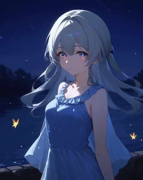 score_9,score_8_up,score_7_up,score_6_up, source_anime, 1girl,solo,looking at viewer, medium breasts, <lora:firefly_pony:1> firefly \(honkai: star rail\), grey hair, night, dark background, <lora:lowlight:1>, outdoors, lake, starry sky,