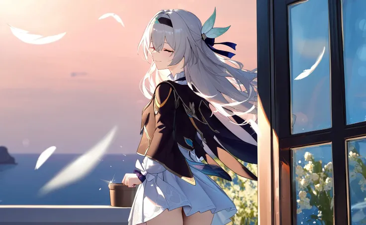 masterpiece, best quality, [nai3], weird atmosphere, high quality shadow, beautiful detailed, skin details, detailed eyes, depth of field, best quality, highres, best shadow, 
BREAK
artist åå®Â¸
blurry, blurry background, blurry foreground, motion blur,photo background, scenery, realistic, 
BREAK
1girl, solo, cowboy shot, 
 <lora:firefly_new:0.8>, firefly \(honkai: star rail\),jacket,white dress,long sleeves,white flower,headband, 
hair, looking_back, light_smile, floating_hair, sunlight, gold light, Backlight, white_dove, open window, sea, lens_flare, sun_hat, blue_sky, Floating curtains, potting, crying, sparkle, flying teardrops, closed eyes, streaming tears,