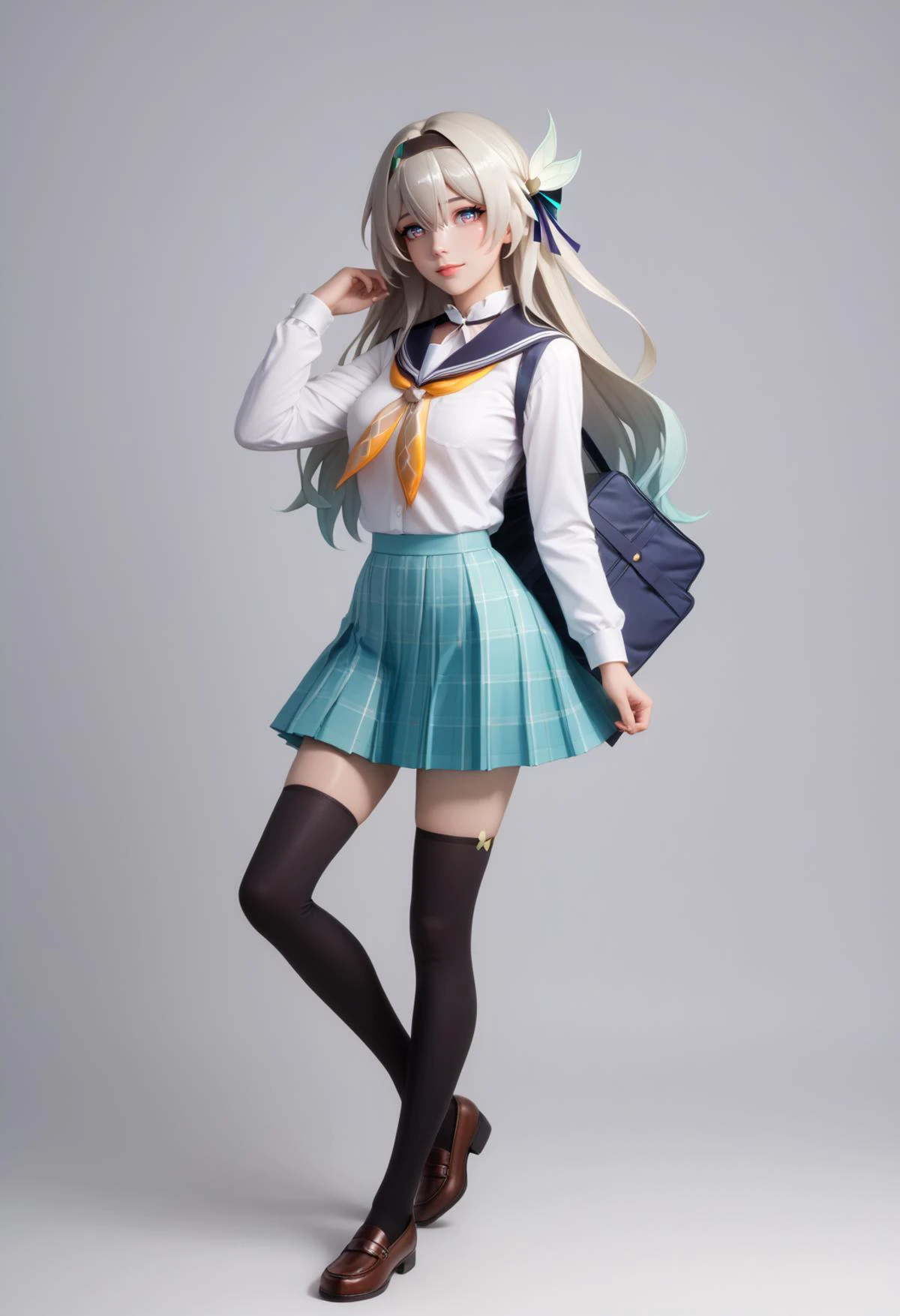 scroe_9,score_8_up,score_7_up,score_6_up,score_5_up,best_quality,masterpiece,ultra-detailed,absurdres,amazing quality,very aesthetic,intricate details,amazing quality,8k.,(shiny_skin,fair_skin,white_skin:1.2),
1girl,lovely posture,full body,
<lora:firefly_pony_v2:1>,firefly \(honkai: star rail\),
(japanese senior high school school uniform,checkered_skirt,black thighhighs),