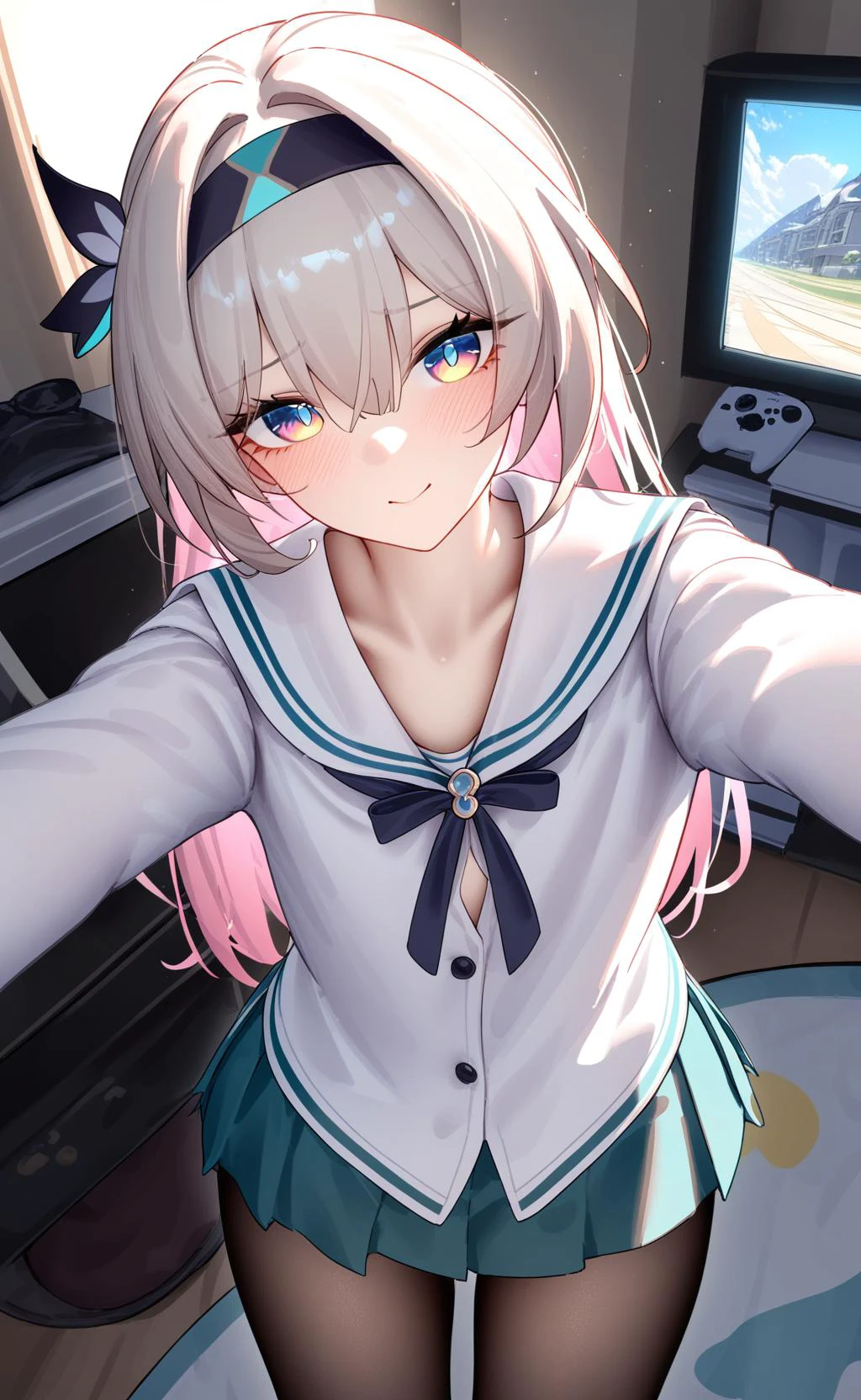 1girl, solo, on back, lying, 
<lora:firefly_new:0.7>, firefly \(honkai: star rail\) , white flower, headband,
looking_at_viewer,  blush, navel, black pantyhose, bangs, black_bow,
pantyhose, pleated_skirt, puffy_long_sleeves, puffy_sleeves, sailor_collar, white_sailor_collar, white_shirt, 
messy room, loaded interior,
fisheye, wide shot, cowboy shot, 
bedroom, computer, game console, 
artistå ç¬å¤§è¼,
masterpiece, best quality, [nai3], weird atmosphere, high quality shadow, beautiful detailed, high detailed skin, skin details, beautiful face, detailed eyes, depth of field, dramatic light, best quality, highres, best shadow, best illumination,