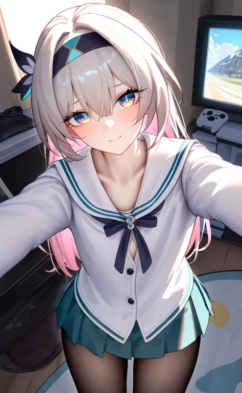 1girl, solo, on back, lying, 
<lora:firefly_new:0.7>, firefly \(honkai: star rail\) , white flower, headband,
looking_at_viewer,  blush, navel, black pantyhose, bangs, black_bow,
pantyhose, pleated_skirt, puffy_long_sleeves, puffy_sleeves, sailor_collar, white_sailor_collar, white_shirt, 
messy room, loaded interior,
fisheye, wide shot, cowboy shot, 
bedroom, computer, game console, 
artistå ç¬å¤§è¼,
masterpiece, best quality, [nai3], weird atmosphere, high quality shadow, beautiful detailed, high detailed skin, skin details, beautiful face, detailed eyes, depth of field, dramatic light, best quality, highres, best shadow, best illumination,