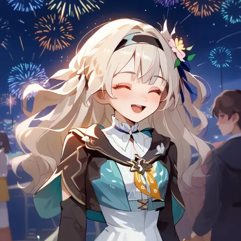 score_9, score_8_up, score_7_up ,<lora:firefly_pony:1>,firefly \(honkai: star rail\), 1girl, solo, long_hair, closed_eyes, smile, hairband, open_mouth, fireworks, hair_ornament, sparkler, blush, jacket, long_sleeves, bangs, dress, hair_flower, facing_viewer <lora:art_digi_pony:1>