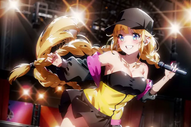(best quality:1.1), (masterpiece:1.4), 1girl, solo, <lora:YaBoyKongming-Eiko-release-1.0x:0.8>, (medium breasts:1.1), smile, blush, (off-the-shoulder:1.2), (Strapless:1.4), black-yellow-pink jacket, baseball cap, black shorts, holding microphone, on stage,
