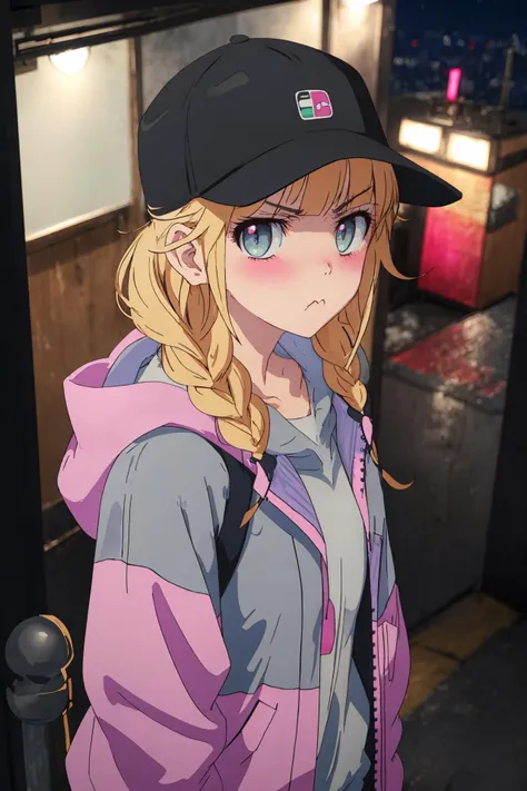 (best quality, masterpiece, highres),1girl,solo,pink baseball cap,pink hoodie,grey jacket,angry,pout,blush,shy,standing,looking at viewer,upper body,from above,night,
<lora:YaBoyKongming-Eiko-release-1.0x:0.6>,