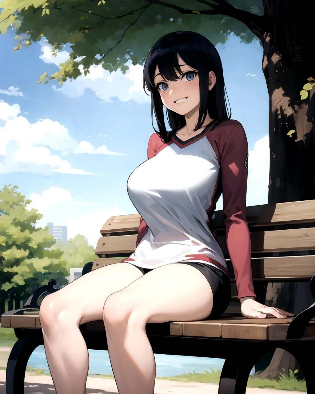 1girl, futanari, (erection under clothes), large penis,bulge, sitting on bench, outdoors, smile,park