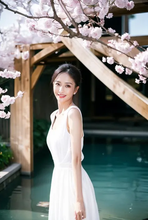 <lora:tongliya3:0.945>tongliya face,tongliya body,grin,pov,(highres:1.8),
pose,supermodel,(detailed face:1.56),
Sunlight filters through ancient cherry blossom trees, casting a dappled pattern on the bluestone paths. In this exquisitely beautiful Kyoto, Xiaoling, a beautiful woman dressed in a kimono, gracefully steps out in small, delicate strides, seeking out a touch of her own elegance in this ancient capital of a thousand years.She gently waves her red folding fan, and as the breeze brushes past, several strands of hair dance in the wind. Behind her, the resplendent Kyoto Tower shines, forming a stunning contrast with the quaint wooden houses in front. Not far away, a gentle stream babbles, drawing the eye to an exquisite red bridge.Xiaoling slowly approaches the bridge, leans forward, and gently dips her hand into the water. The cool sensation instantly spreads from her fingertips throughout her body, and she smiles slightly, as lovely as a lotus in the water. The photographer captures this fleeting moment of beauty, clicking the shutter and seemingly freezing time in this instant.The entire scene is like a painting, rich in color and harmony. In this painting, Xiaoling appears as if a princess who has traveled through time, enjoying a moment of tranquility and beauty. The stunning scenery of Kyoto perfectly complements the beauty, creating a unique and captivating landscape.
good hands,perfect hands,
(white skin,)(white dress:1.9),
smile,
(looking at viewer),
supermodel,
(depth of field:1.89),(long exposure:1.2),(dynamic motion:1.13),(Extreme Aestheticism:1.93),offical art,first person view,blurry background,(professional photograph:1.5),
(pov:1.65),
(8k, RAW photo, best quality, masterpiece:1.2), (realistic, photo-realistic:1.85), (ultra-detailed:1.5), highres
<lora:epi_noiseoffset2:1>