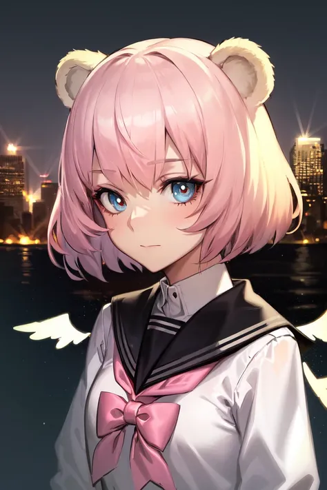 skistyle, 1girl, solo, pink hair, animal ears, blue eyes, wings, looking at viewer, bangs, short hair, bow, sailor collar, white sailor collar, hair bow, pink bow, closed mouth, shirt, white shirt, bear ears, bob cut, mini wings, portrait, detached wings, makeup, upper body, city in background