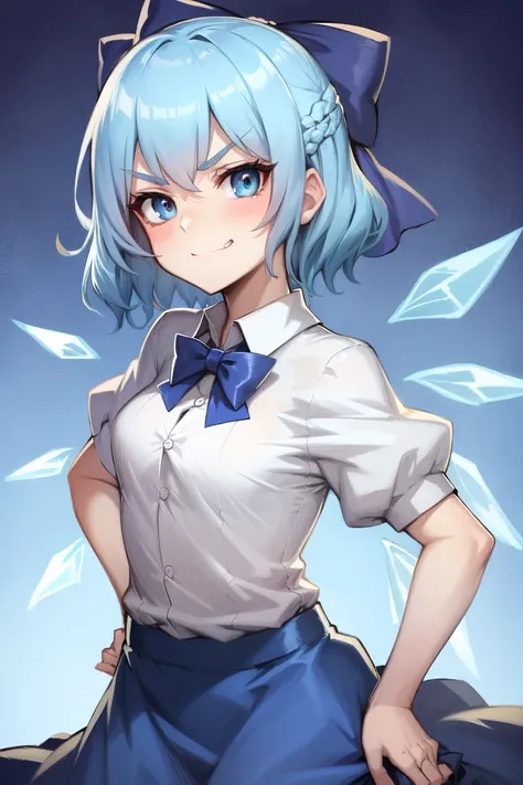 skistyle, chibi, 1girl, solo, cirno, blue hair, blue eyes, bow, wings, dress, shirt, short sleeves, blue bow, smile, ice wings, puffy sleeves, hair bow, blue dress, ice, hands on hips, short hair, white shirt, puffy short sleeves, looking at viewer, collared shirt, bangs, closed mouth, blush, v-shaped eyebrows, striped, smug, breasts