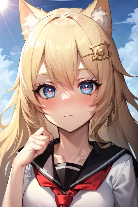 skistyle, 1girl, solo, animal ears, blonde hair, blue eyes, long hair, (:<), hair ornament, blush, looking at viewer, bangs, animal ear fluff, star (symbol), cat ears, sailor collar, cloud, sky, symbol-shaped pupils, portrait, sun, virtual youtuber