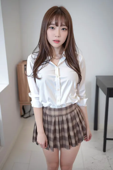 1girl, during the day,best quality, masterpiece, (photorealistic:1),ultra high res,highres, cure lovely, illustration.media, delicate,8k wallpaper,soft light,official art,brown hair, blue eyes, full body,realistic,photo (medium) ,legs apart,standing, medium breasts, cleavage cutout, light smile,open hands,white shirt,Plaid skirt,white stockings, <lora:LoRaInkyungB:0.8> <lora:koreanDollLikeness_v10:0.2>