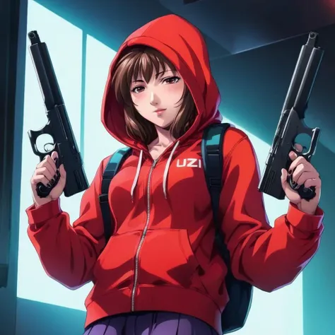 (masterpiece:1.2, best quality), (highly detailed:1.3), (magazine cover), 1girl, 17yo girl, (white panties), (red hoodie), backpack, (holding a gun), wary,