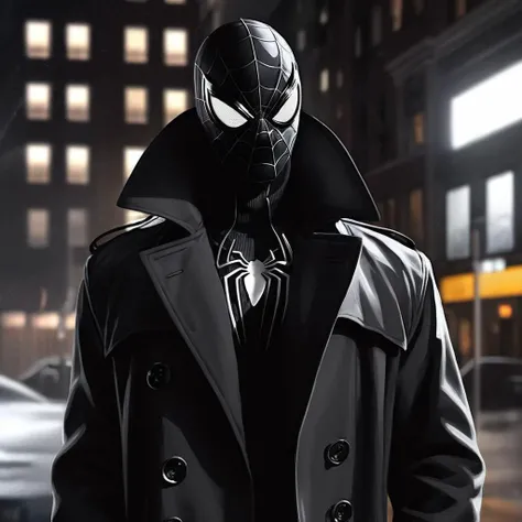 Hyperrealistic art of  <lora:anime manga girl style:1.2>
a spider man noir in a film noir scene and a black trench coat anime manga girl style, Extremely high-resolution details, photographic, realism pushed to extreme, fine texture, incredibly lifelike