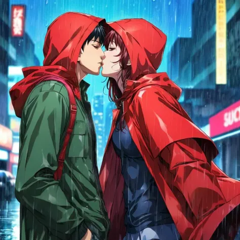 anime artwork of  <lora:anime manga girl style:1.2>
a couple kissing in the rain with a red hood on anime manga girl style, anime style, key visual, vibrant, studio anime,  highly detailed