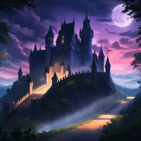 anime artwork of <lora:anime manga girl style:1.2>
an epic gothic castle with a large tower at night with big gate and heavy low lying fog in deep forest woods anime manga girl style, anime style, key visual, vibrant, studio anime, highly detailed