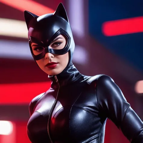 cinematic film still of <lora:anime manga girl style:1.2>
a woman in a catwoman black_suit with a red background anime manga girl style, shallow depth of field, vignette, highly detailed, high budget, bokeh, cinemascope, moody, epic, gorgeous, film grain, grainy