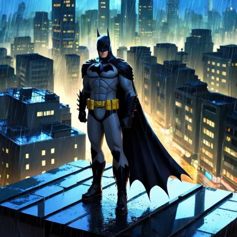 anime artwork of <lora:anime manga girl style:1.2>
a batman standing on top of a building in the rain on a ledge with a big dark city in front anime manga girl style, anime style, key visual, vibrant, studio anime, highly detailed