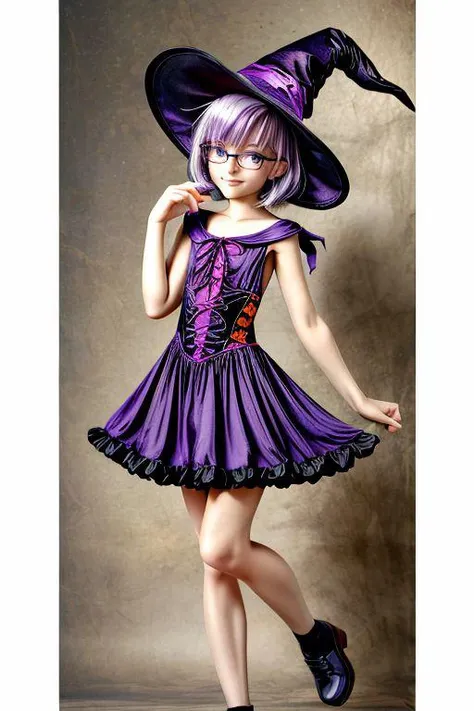 masterpiece, best quality, 1girl, portrait, light purple hair, (flat chest: 1.2), blue eyes, thick rimmed glasses, short hair, shoulder length hair, akz, petite, jyojifuku, witch, hat, dress, halloween, smile