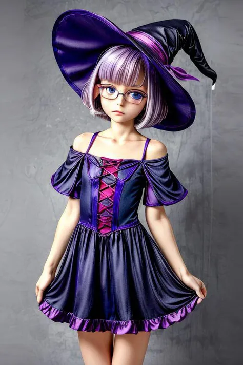 masterpiece, best quality, 1girl, portrait, light purple hair, (flat chest: 1.2), blue eyes, thick rimmed glasses, short hair, shoulder length hair, akz, petite,  jyojifuku, witch, hat, dress, halloween,