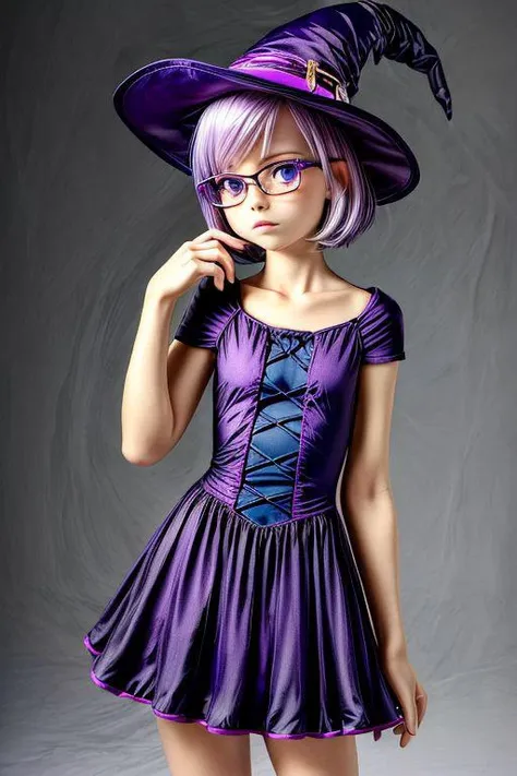 masterpiece, best quality, 1girl, portrait, light purple hair, (flat chest: 1.2), blue eyes, thick rimmed glasses, short hair, shoulder length hair, akz, petite,  jyojifuku, witch, hat, dress, halloween,
