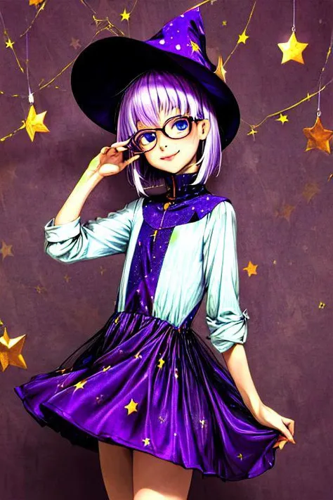 masterpiece, best quality, 1girl, portrait, light purple hair, (flat chest: 1.2), blue eyes, thick rimmed glasses, short hair, shoulder length hair, akz, petite, smile, jyojifuku, witch, hat, dress, halloween, starry background