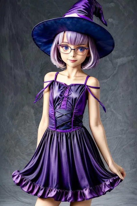 masterpiece, best quality, 1girl, portrait, light purple hair, (flat chest: 1.2), blue eyes, thick rimmed glasses, short hair, shoulder length hair, akz, petite,  jyojifuku, witch, hat, dress, halloween, smile