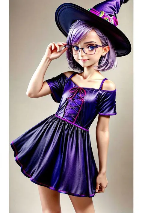 masterpiece, best quality, 1girl, portrait, light purple hair, (flat chest: 1.2), blue eyes, thick rimmed glasses, short hair, shoulder length hair, akz, petite, jyojifuku, witch, hat, dress, halloween, smile