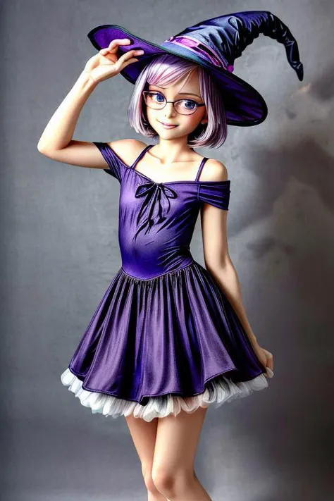 masterpiece, best quality, 1girl, portrait, light purple hair, (flat chest: 1.2), blue eyes, thick rimmed glasses, short hair, shoulder length hair, akz, petite,  jyojifuku, witch, hat, dress, halloween, smile